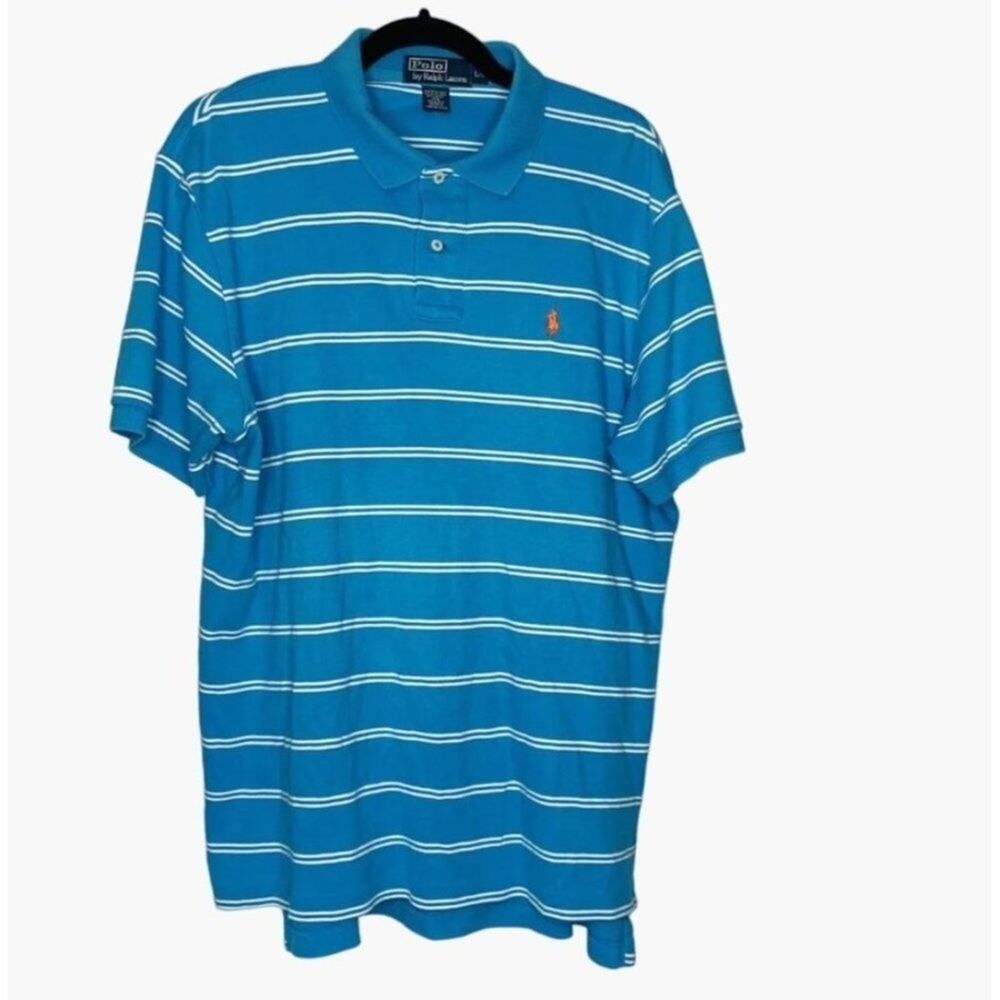 Polo Ralph Lauren Men's Polo Size Medium Blue Striped Orange Pony Cotton Soft Co